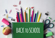 School supplies on white background with text Back to school