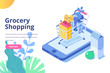 © Oksana_Latysheva - Online Grocery shopping concept. Isometric Shopping cart with  fresh food and drink.Order food, grocery online from app by smart phone. Flat isometric vector illustration.