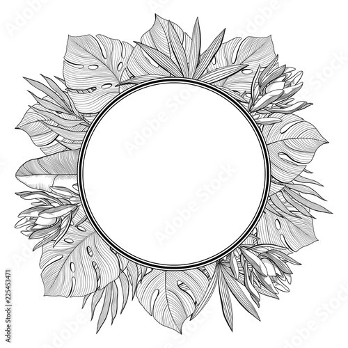 Round Frame Banner Template Made Of Tropical Jungle Palm Leaves