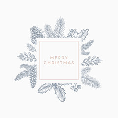 Wall Mural - Merry christmas Abstract Botanical Card with Square Frame Banner and Modern Typography. Grey and Pink Pastel Colors Greeting Layout.