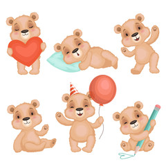 Wall Mural - Cute bear pose. Cute animal teddy bear boy toys for kids birthday or valentine gifts vector characters set. Animal toy teddy, bear character happy illustration