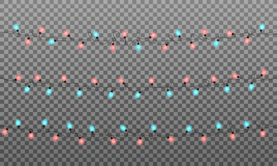 Wall Mural - Christmas lights. Realistic multicolored string lights garland for New Year and Xmas season. Glowing isolated shiny lights with transparent effect