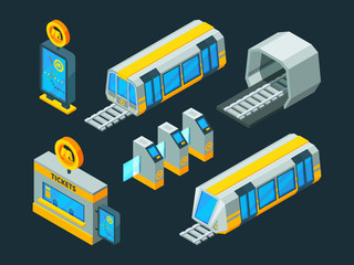 Wall Mural - Metro elements. Train escalator and subway gate vector isometric low poly 3d pictures. Illustration of subway transport passenger, urban metro station