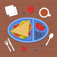 Wall Mural - Lunch box on table. Place to eat food container sandwiches sliced fresh healthy fruits vegetables for dinner breakfast. Vector pictures lunch food, meal in container, dinner illustration