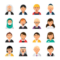 Wall Mural - Occupations avatars. Waiter stewardess judge advocate manager builder male and female profession vector icons. Illustration of people worker professional, woman and man