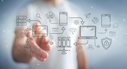 Wall Mural - businessman using tech devices and icons thin line interface