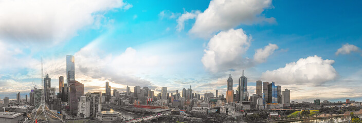 Poster - Aerial panoramic view of Melbourne skyline at dusk, Australia