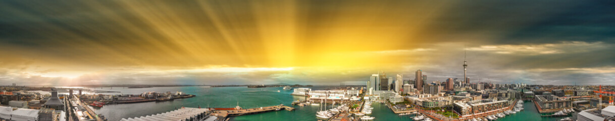 Sticker - Aerial panoramic view of Auckland skyline at dusk, New Zealand