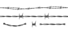 Barbed Wire Vector Illustration, Horizontal Seamless Pattern And Separate Elements Of Barbwire Isolated On Background. Metal Protective Barrier With Sharp Barbs For Industrial And Agricultural Fencing