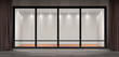 Vector illustration of storefront, glass illuminated showcase for presentations and museum exhibitions. Large shop window with curtains, empty fashion boutique or showroom with lights inside