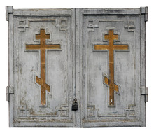Fragment Of Locked Wooden Gates Of The Old Historical Church With Golden Christian Crosses.
