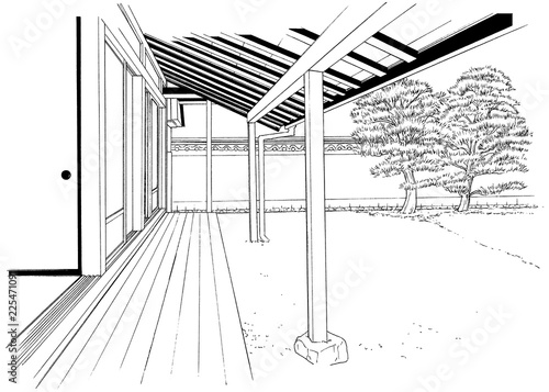 漫画風ペン画イラスト 和風 縁側 Stock Illustration Adobe Stock