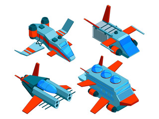 Wall Mural - spaceships isometric. space technologies cargo and warships aerial bomber 3d vector low poly spacesh