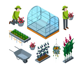 Sticker - Farm greenhouse isometric. Agricultural wheelbarrow glasshouses for tomato horticulture concept vector 3d pictures. Illustration of agriculture farm, greenhouse isometric