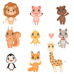 Sticker - Animal baby cartoon. Domestic pig dog and wild lion bear squirrel and giraffe funny cute animals kids vector pictures. Illustration of giraffe and lion, squirrel and dog