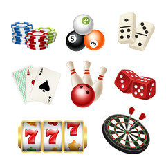 Wall Mural - Casino game icons. Playing cards bowling domino darts dice vector realistic illustrations of play tools. Play game casino, dice and bowling