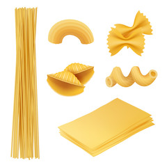 Sticker - Pasta realistic. Italian food farfalle fusilli macaroni cook ingredients vector pictures of traditional cuisine. Italian cuisine, food macaroni, fusilli and penne illustration