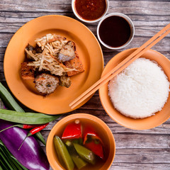 Wall Mural - Yong Tau Foo fried dishes with rice. Taken in Singapore.