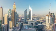 Skyline View Of The Buildings Of Sheikh Zayed Road And DIFC Timelapse In Dubai, UAE.