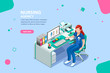 Concept with characters, treatment and exam patient, specialist cartoon. Examination, diagnosis, nurse work, physician at female consult infographic. Scanning person flat isometric vector illustration