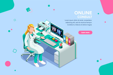 Concept with characters, treatment and exam patient, specialist cartoon. Examination, diagnosis, nurse work, physician at female consult infographic. Scanning person flat isometric vector illustration