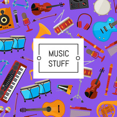 Sticker - Vector cartoon musical instruments illustration. Color background and seamless pattern