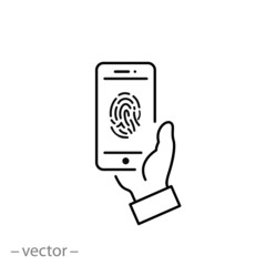  fingerprint scan on phone icon, linear editable vector illustration eps10