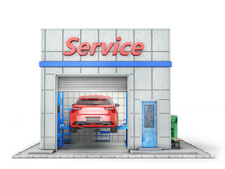 Car repair concept. Auto service station isolated on a white. 3d illustration