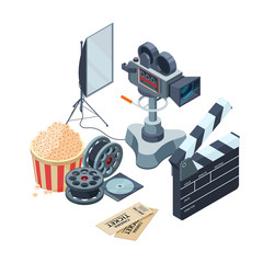 Wall Mural - Production of video. Vector isometric concept of video and photo production. Illustration video camera production, media camcorder equipment