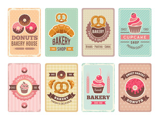 bakery cards design. fresh sweet foods cupcakes donuts and other baking products illustrations for v