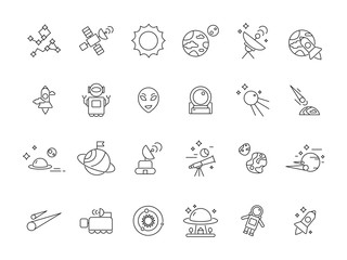 Wall Mural - linear space icons. telescope shuttle astronauts at moon and various planets satellites. vector mono