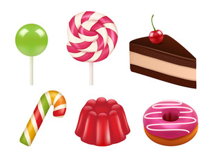 Sticker - Candy realistic pictures. Caramel and chocolate sweets colored lollipops and sucker. Vector realistic illustrations of candy. Candy dessert and caramel sweet, chocolate cake