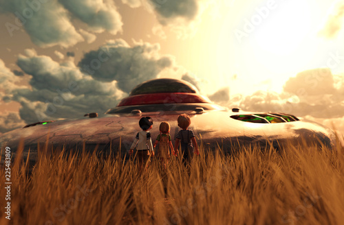 Children's looking to a UFO saucer,3d illustration Canvas Print