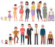 Character of a woman and man in different ages.A baby, a child, a teenager, an adult, an elderly person.The life cycle.Generation of people and stages of growing up.From infant to grandparents.Vector 