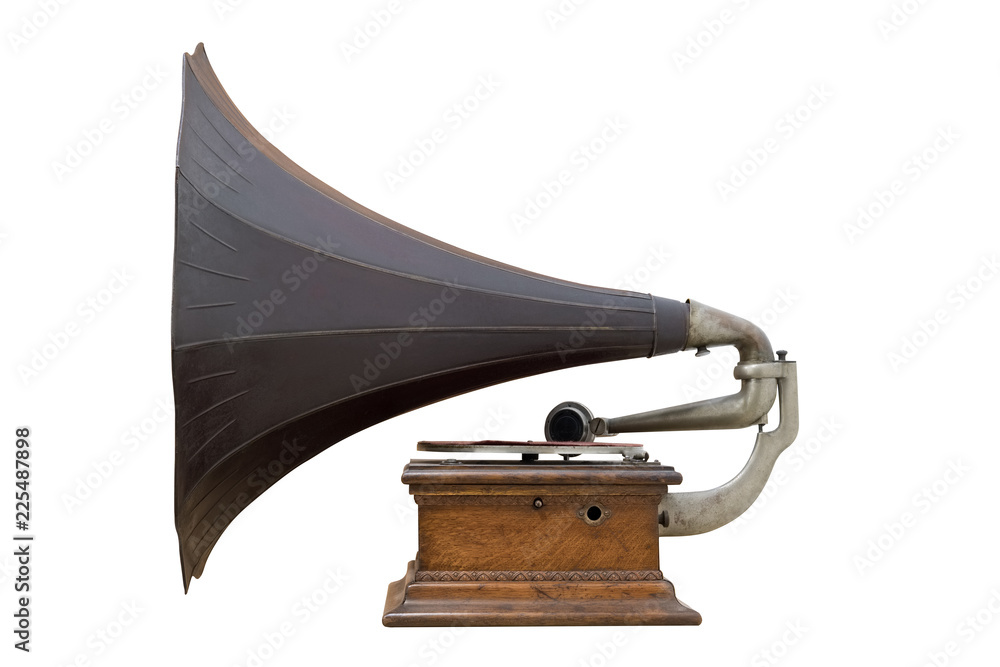 gramophone disque musique objet vieux ancien collection profil corne son ancêtre musée - obrazy, fototapety, plakaty 