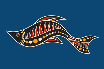 Fish. Aboriginal art style. Vector color illustration isolated on blue background.