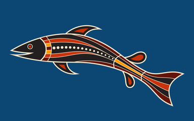 Wall Mural - Fish. Aboriginal art style. Vector color illustration isolated on blue background.