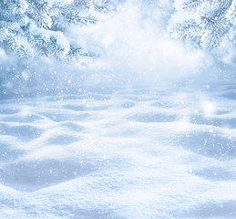 Wall Mural - winter christmas scenic background with copy space. snow landscape with spruce branches covered with