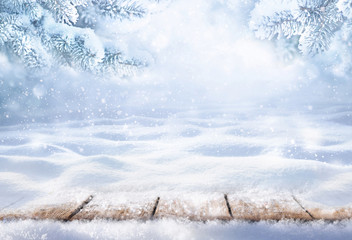 Aufkleber - Winter christmas scenic background with copy space. Wooden flooring was strewn with snow in forest and branches of fir-trees covered with snow on the nature.