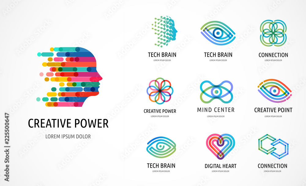 Brain, Creative mind, learning and design icons, logos. Man head, people symbols - stock vector - obrazy, fototapety, plakaty 