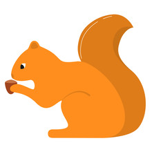 Forest Animal A Little Squirrel With A Tail And In Pads With A Nutlet An Acorn The Character The Cartoon. In Flat Style A Vector. An Icon For The Websites And Children's Toys.