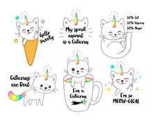 Vector Illustration Of A Little Cute White Cat Unicorn Or Caticorn . Can Be Used As Greeting Card, Sticker, Kids T-shirt Design, Print Or Poster