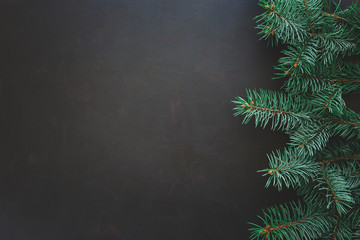 christmas border. fir tree branches on dark wooden background. top view. copy space. toned