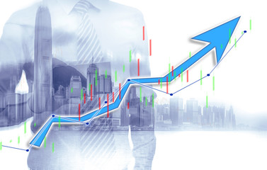 Businessman and Hong Kong city view with index chart (blue bull chart) on background. double exposure