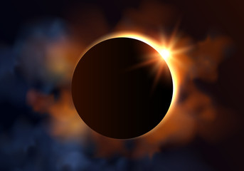 Wall Mural - beautiful vector eclipse illustration with yellow light rays and clouds in the dark sky