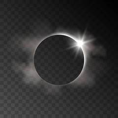 vector realistic eclipse transparent effect with clouds and light rays on dark background