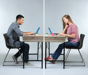 Sticker - Young couple having online date on light background