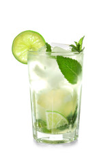 Glass of fresh mojito on white background