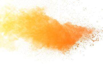 Wall Mural - abstract yellow powder explosion white on background. yellow dust particle splashing.