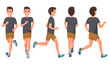 Vector illustration of running young man in casual clothes .Cartoon realistic people illustration.Flat young woman.Front, side and back views. Isometric views. Sportive woman. Sport, training, run.